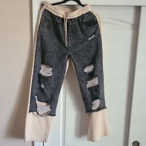Two-Tone Distressed Jogger Jeans - Black Denim with Cream Panels
